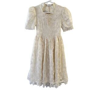 VINTAGE Gunne Sax Jessica Mclintock Girl's Cream Lace Gown Dress Size 10